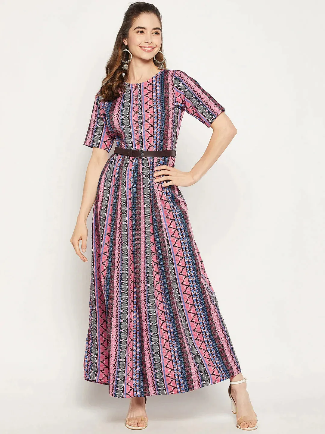 Printed Maxi Dress with Belt