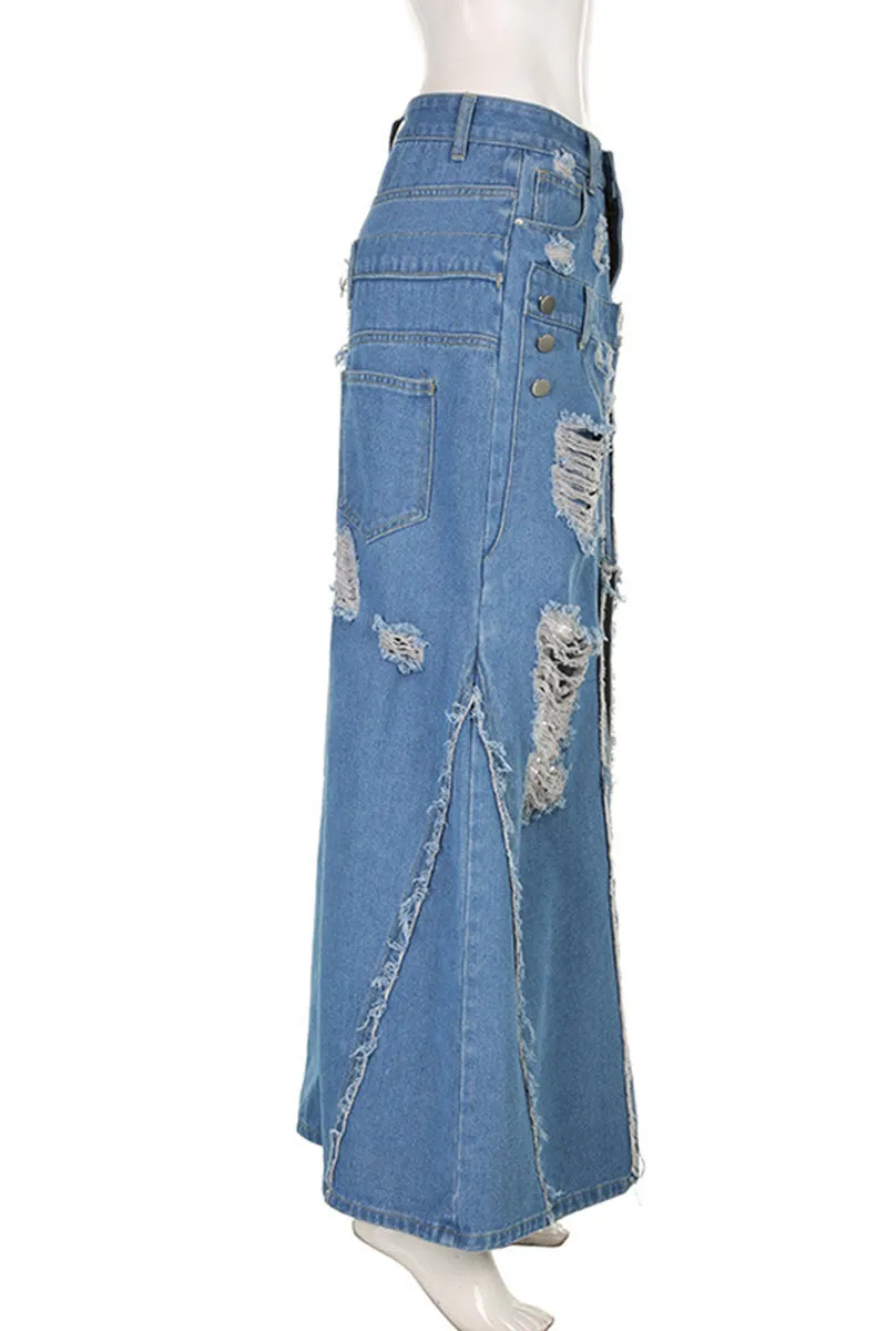 QH626 Denim Cutout Split Maxi Skirt
