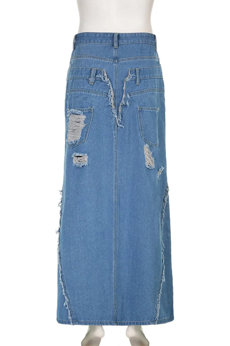 QH626 Denim Cutout Split Maxi Skirt