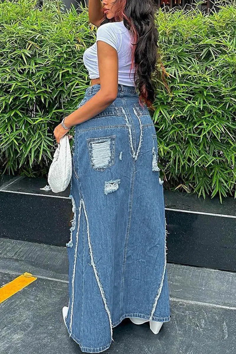 QH626 Denim Cutout Split Maxi Skirt