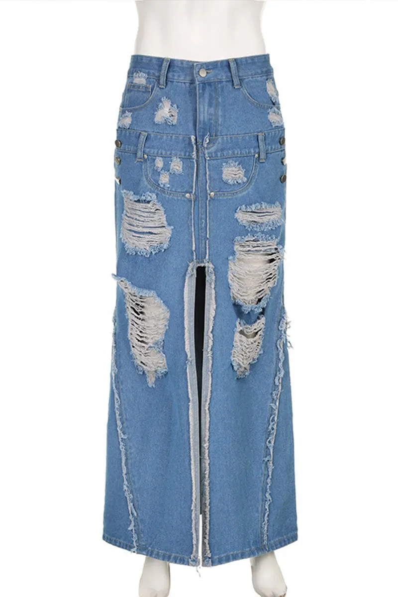 QH626 Denim Cutout Split Maxi Skirt