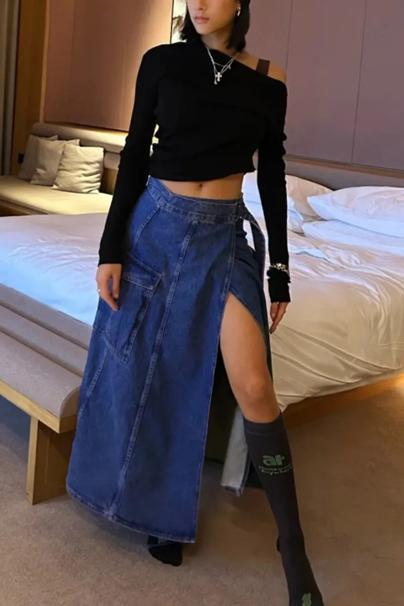 QK694 Wrap High Waist Denim Maxi Skirt