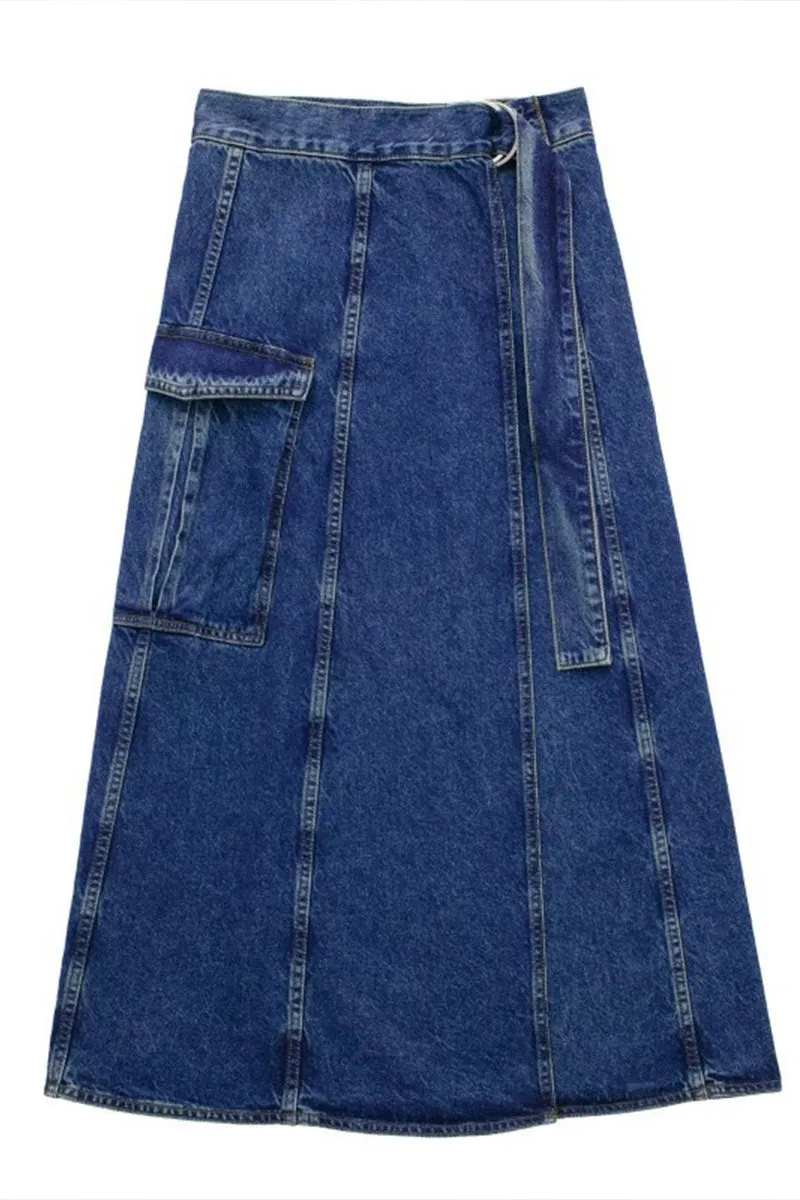 QK694 Wrap High Waist Denim Maxi Skirt