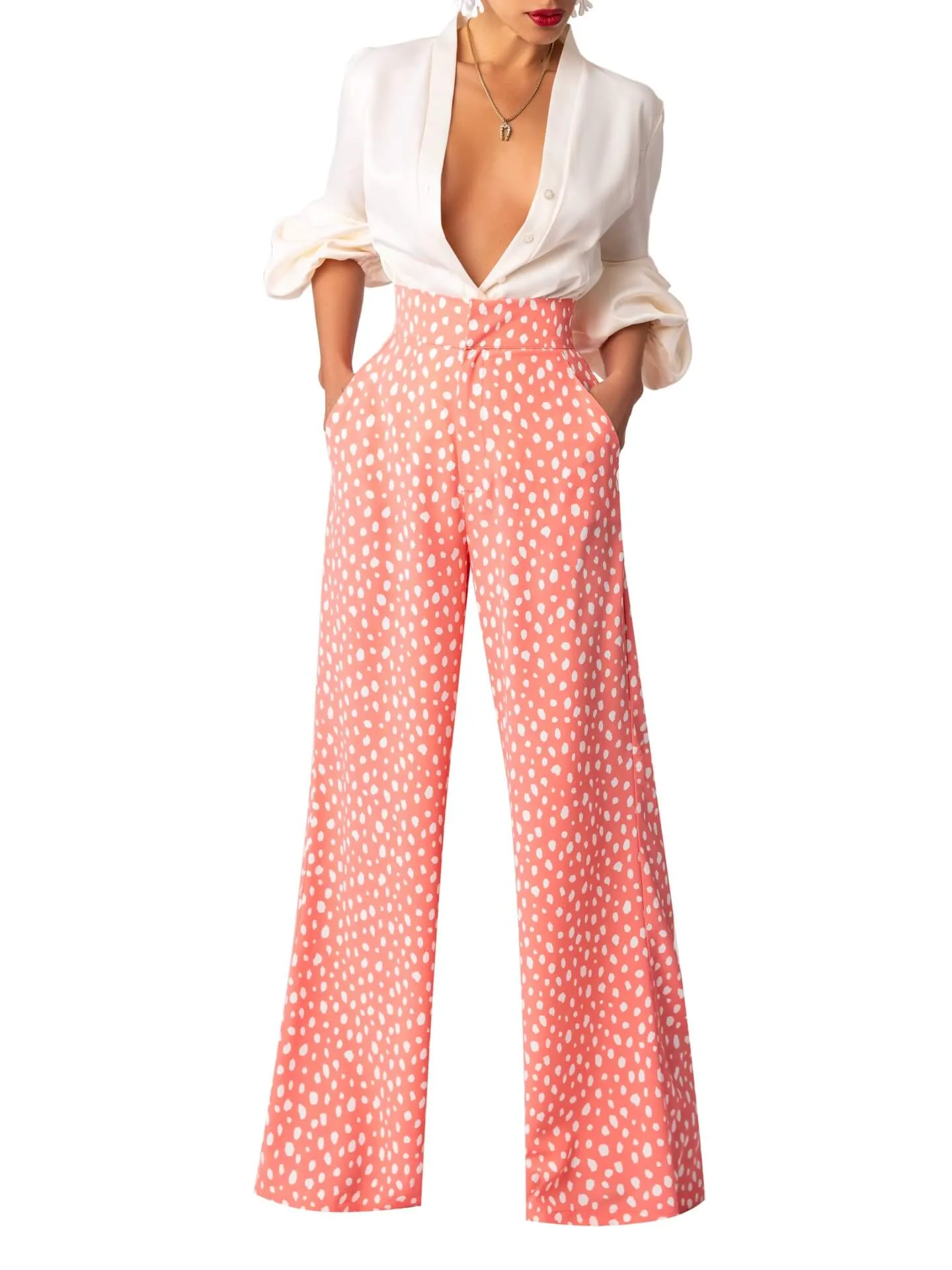 "Coral" Polka Dot High-Waisted Pants