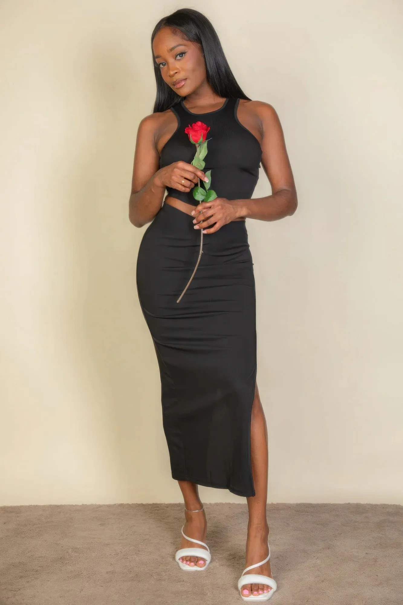 Ribbed cropped top and maxi skirt