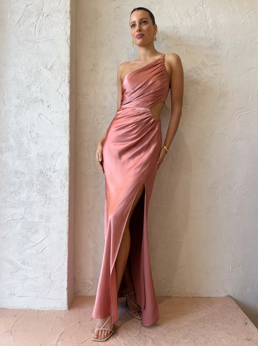 Shona Joy Asymmetrical Gathered Maxi Dress in Antique Rose