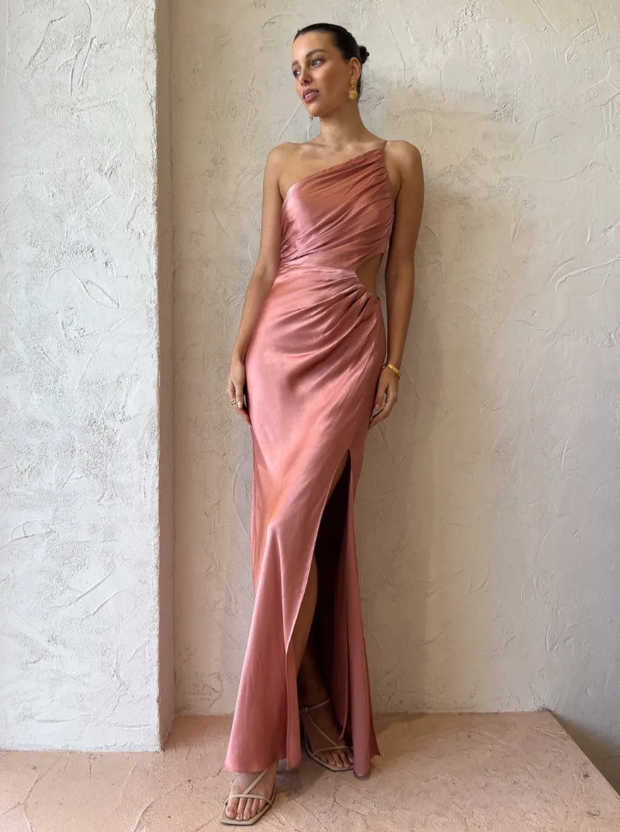 Shona Joy Asymmetrical Gathered Maxi Dress in Antique Rose