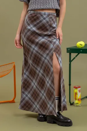 SIDE SLIT TARTAN PLAID MAXI SKIRT
