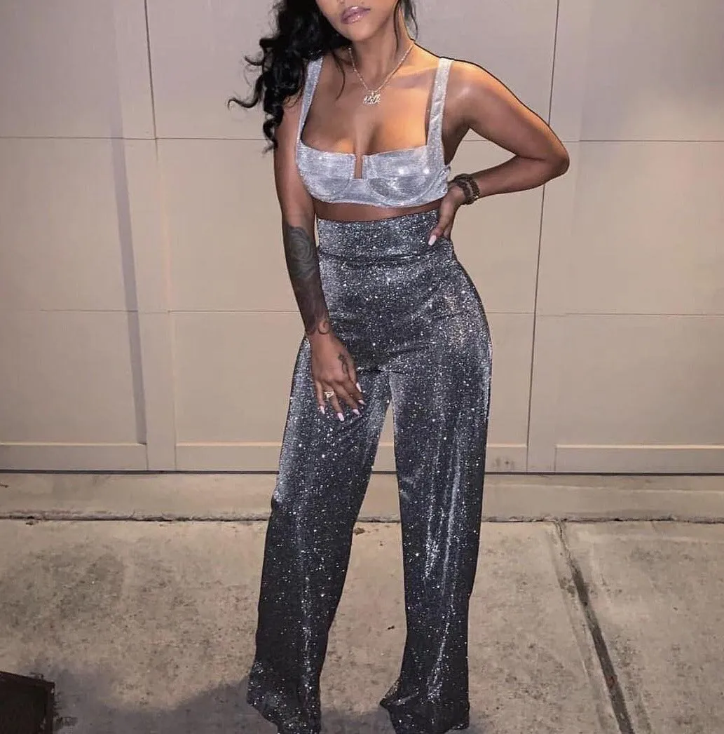 Silver shining wide-leg new loose high waist catwalk dancing party pants women festive trousers bling bling