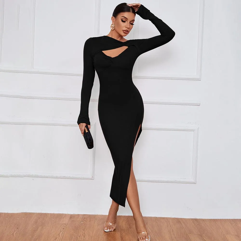 Slim Sheath Slit Maxi Dress with Cutout and Twisted Details