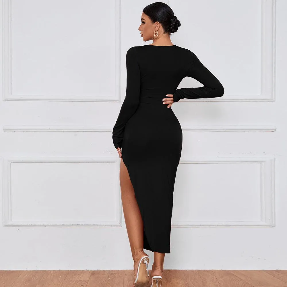 Slim Sheath Slit Maxi Dress with Cutout and Twisted Details