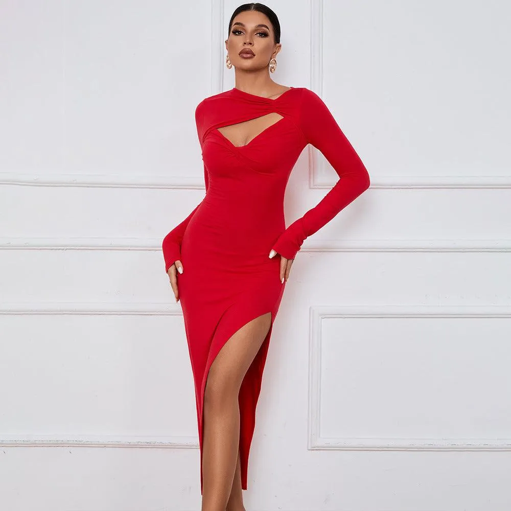 Slim Sheath Slit Maxi Dress with Cutout and Twisted Details