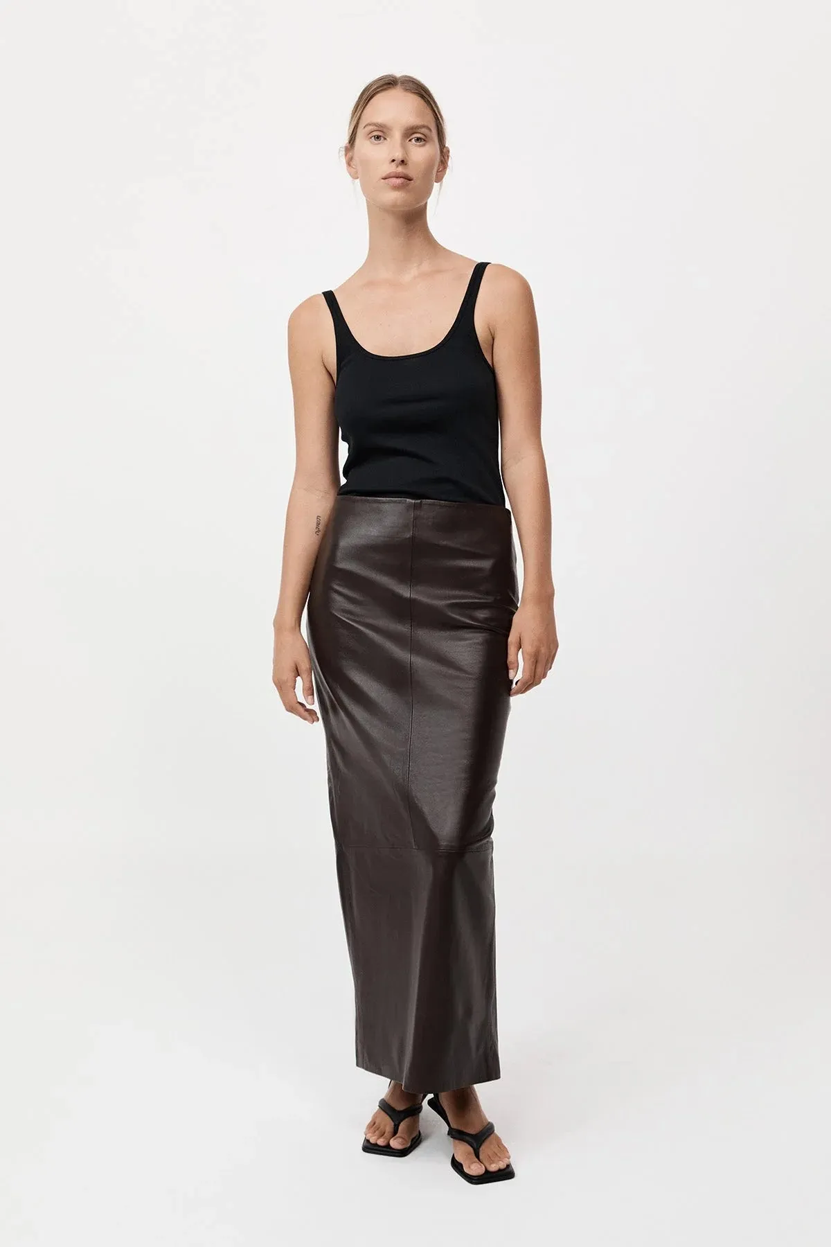 St. Agni Chocolate Leather Column Skirt
