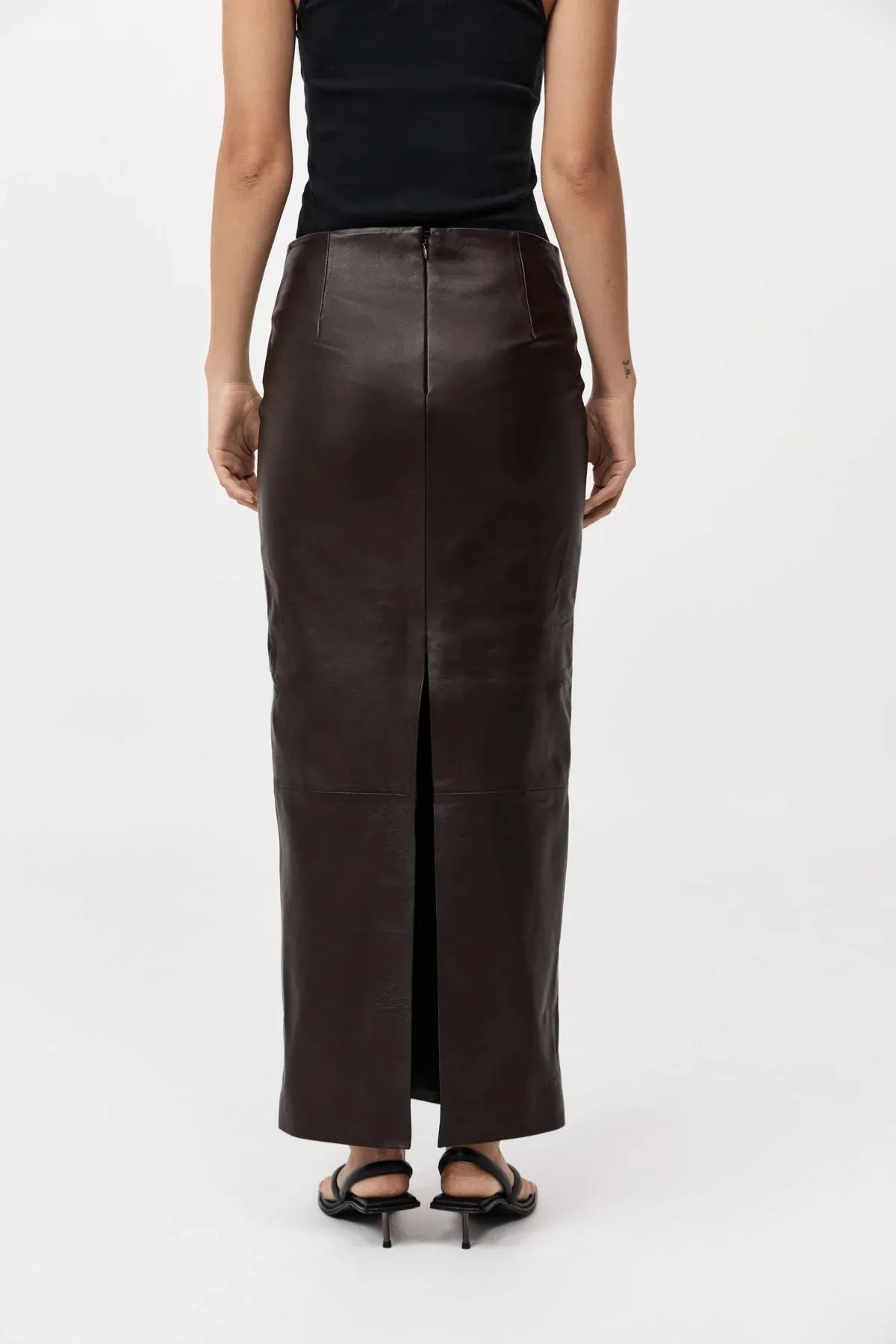 St. Agni Chocolate Leather Column Skirt