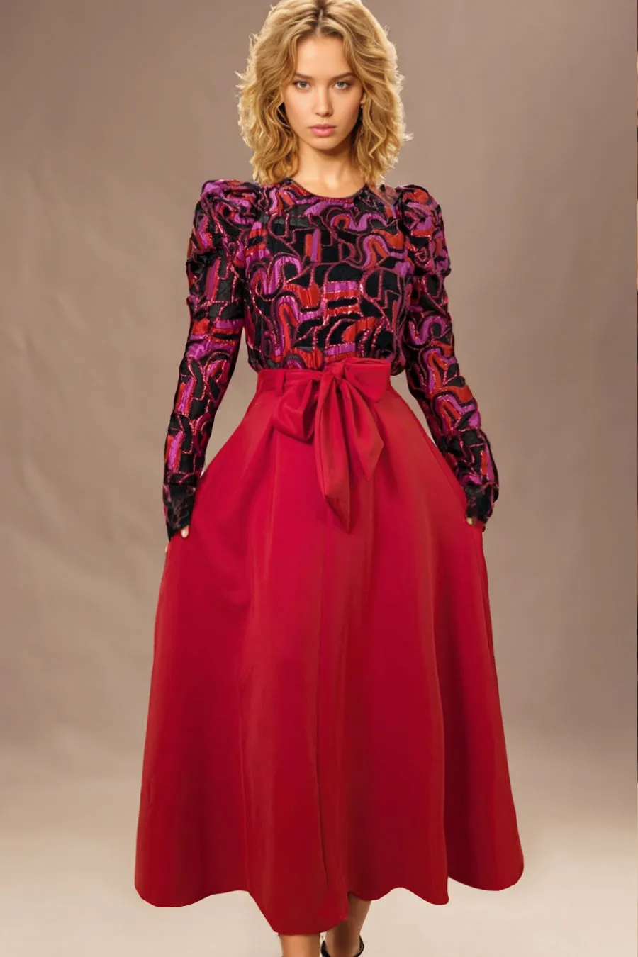 T81140 A-LINE MAXI FLARED SKIRT (RED, BLK)