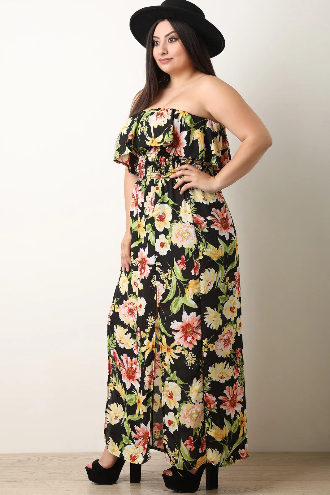 Tropical Off-The-Shoulder Ruffled Slit Maxi Dress