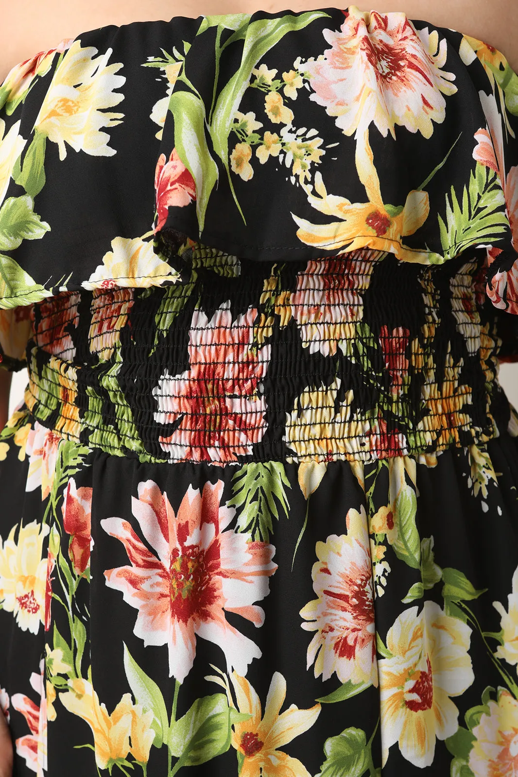 Tropical Off-The-Shoulder Ruffled Slit Maxi Dress