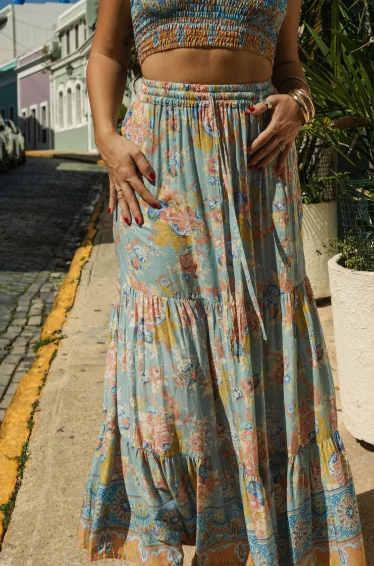 Tulum Maxi Skirt in Aqua Blooms