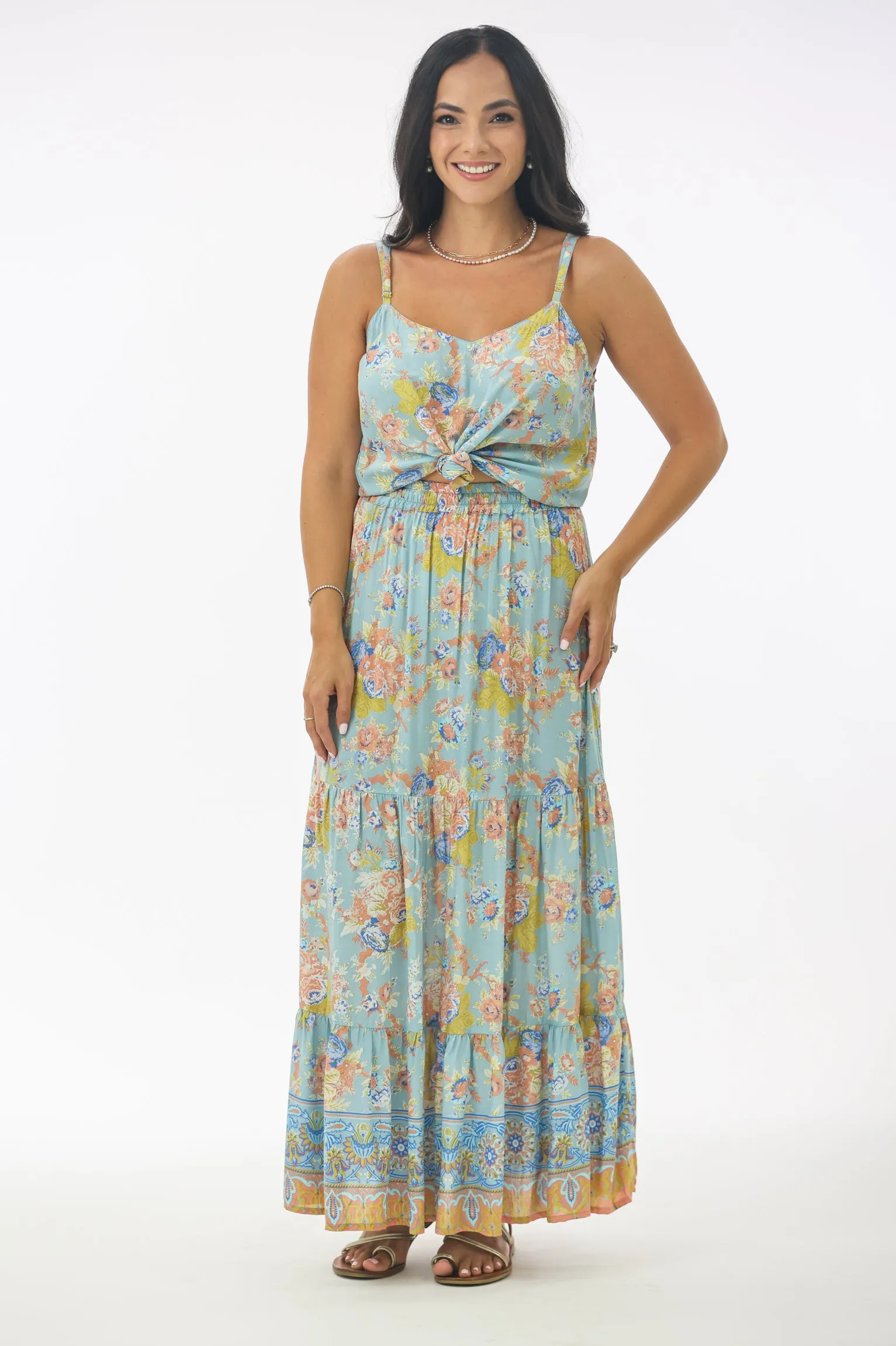 Tulum Maxi Skirt in Aqua Blooms