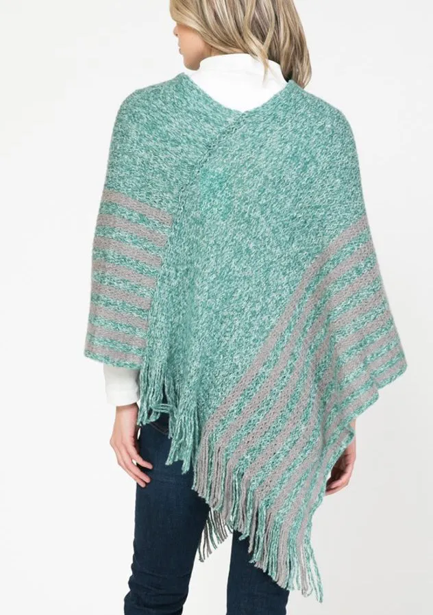 Turquoise Marl Striped Fringed Poncho