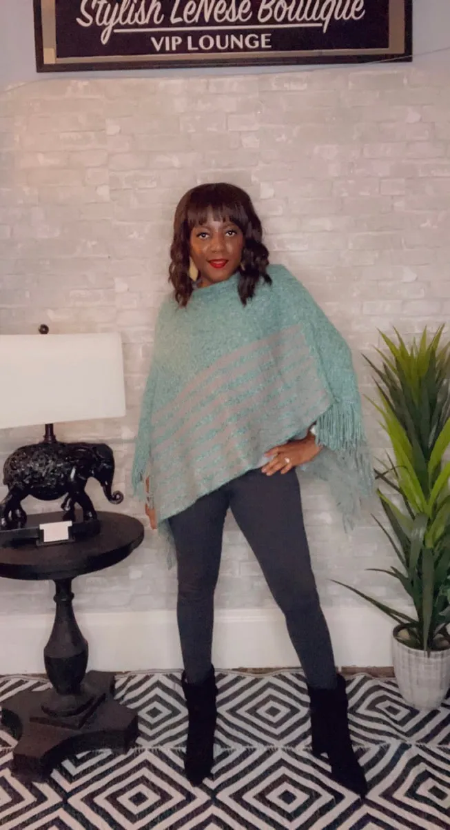 Turquoise Marl Striped Fringed Poncho