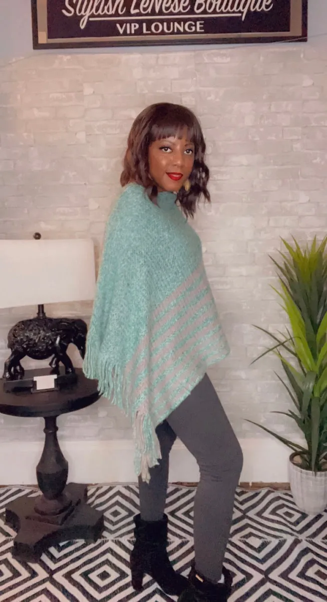 Turquoise Marl Striped Fringed Poncho