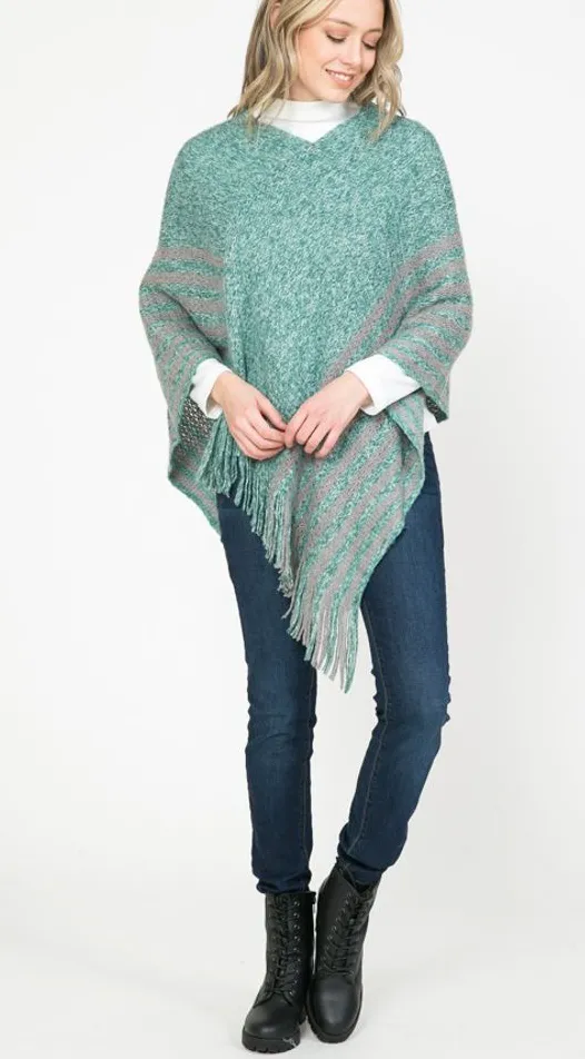 Turquoise Marl Striped Fringed Poncho