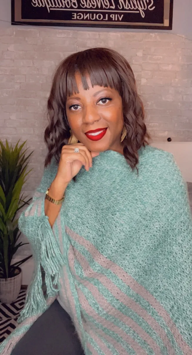 Turquoise Marl Striped Fringed Poncho
