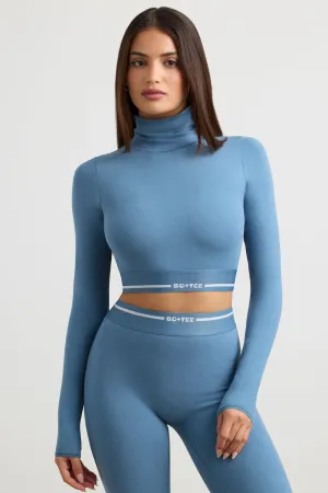 Turtleneck Backless Long-Sleeve Crop Top in Steel Blue