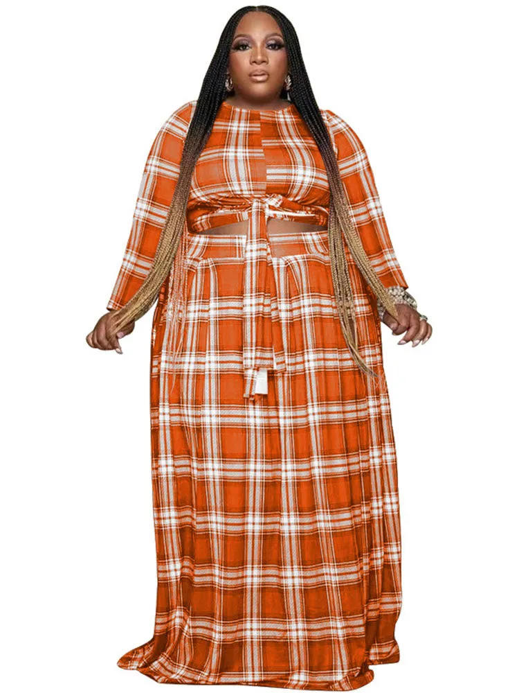Two Piece Plaid Crop Top Maxi Skirt Plus Size Set