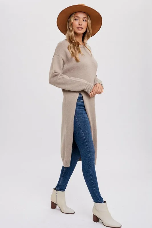 Waitlist 11/27 ♥ Liz Long Sleeve High Slit Long Pullover Sweater Top Taupe