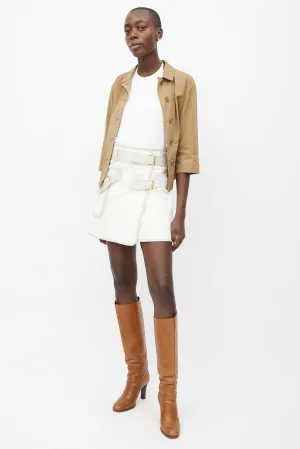 White & Grey Leather Belted Mini Skirt