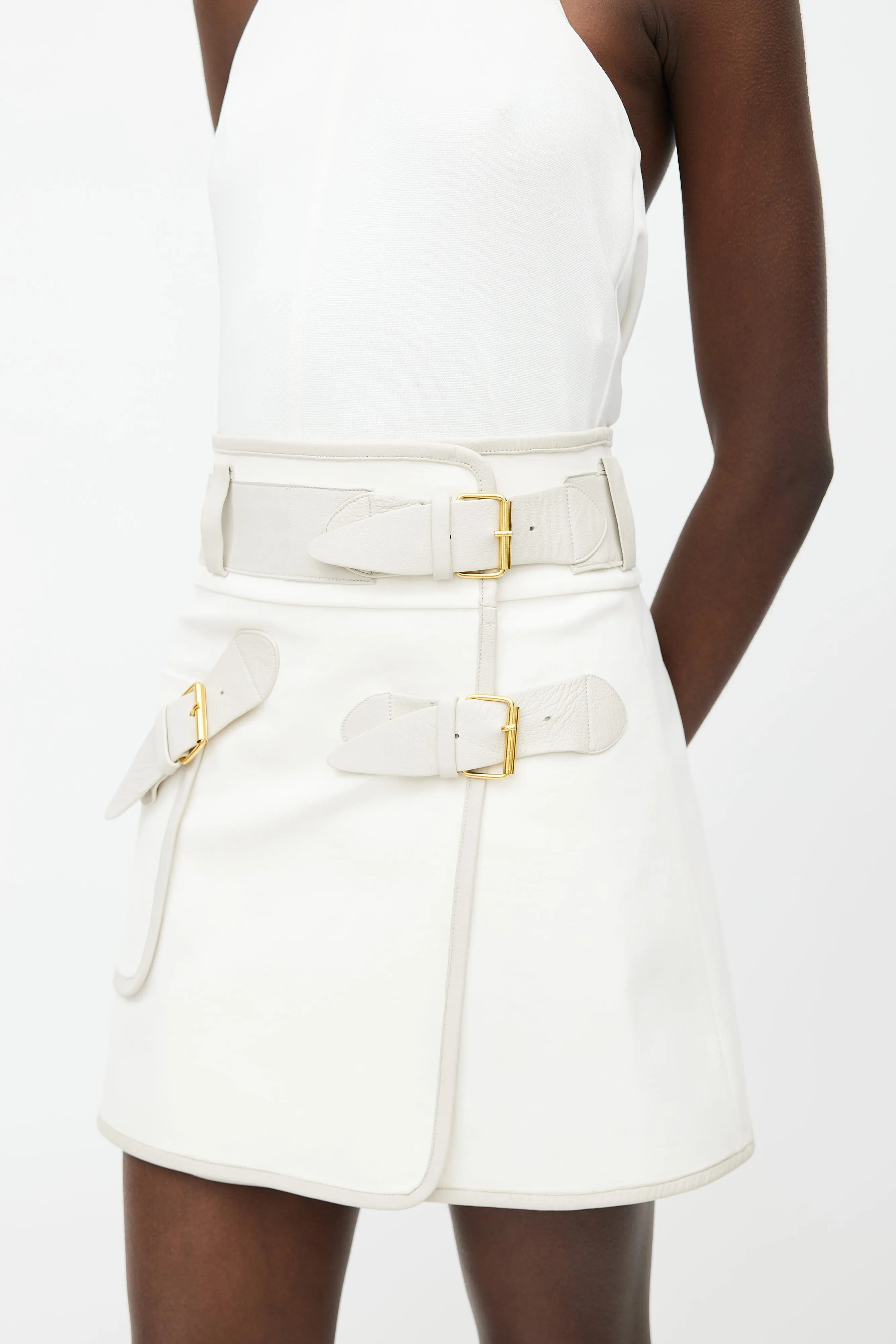 White & Grey Leather Belted Mini Skirt