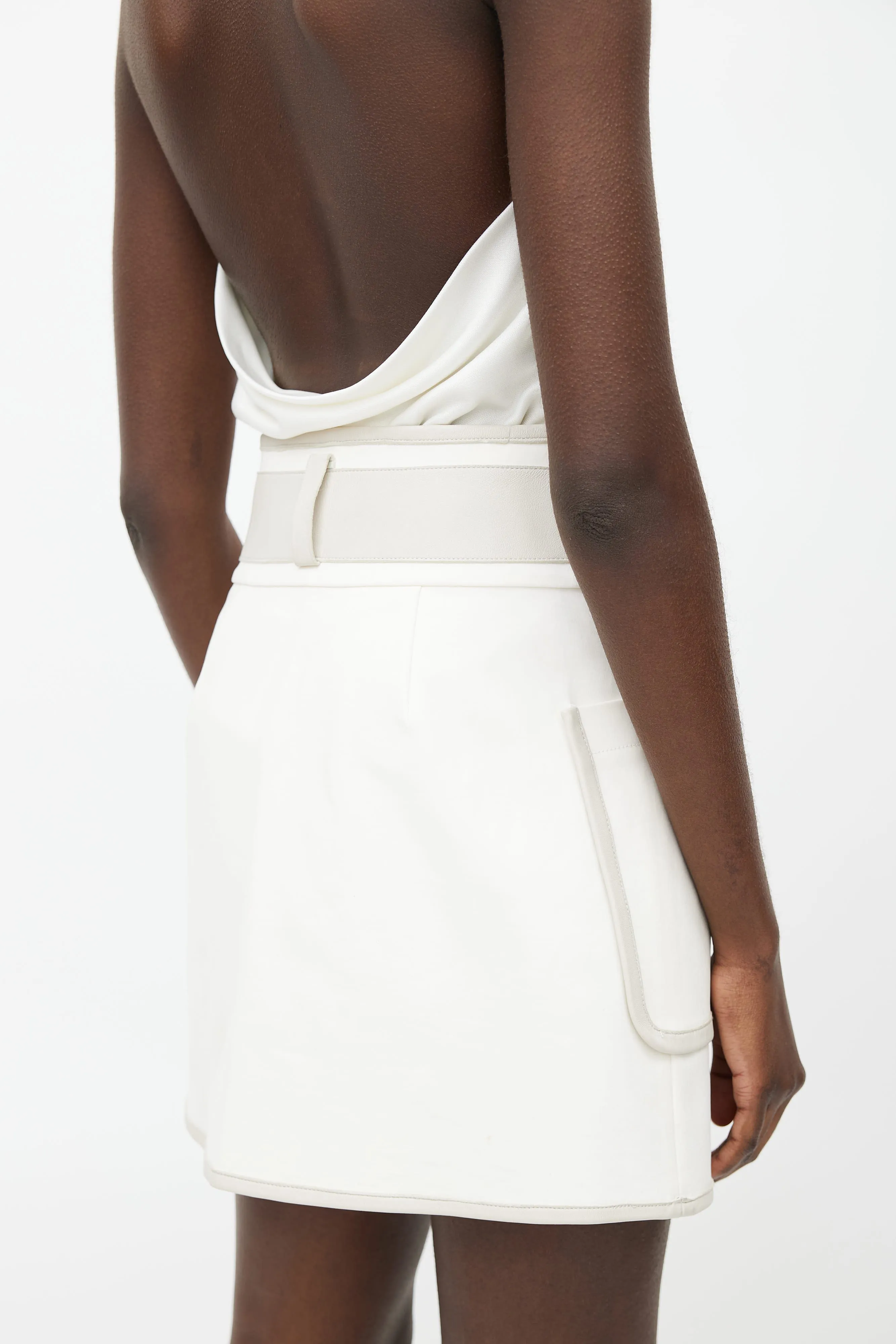 White & Grey Leather Belted Mini Skirt