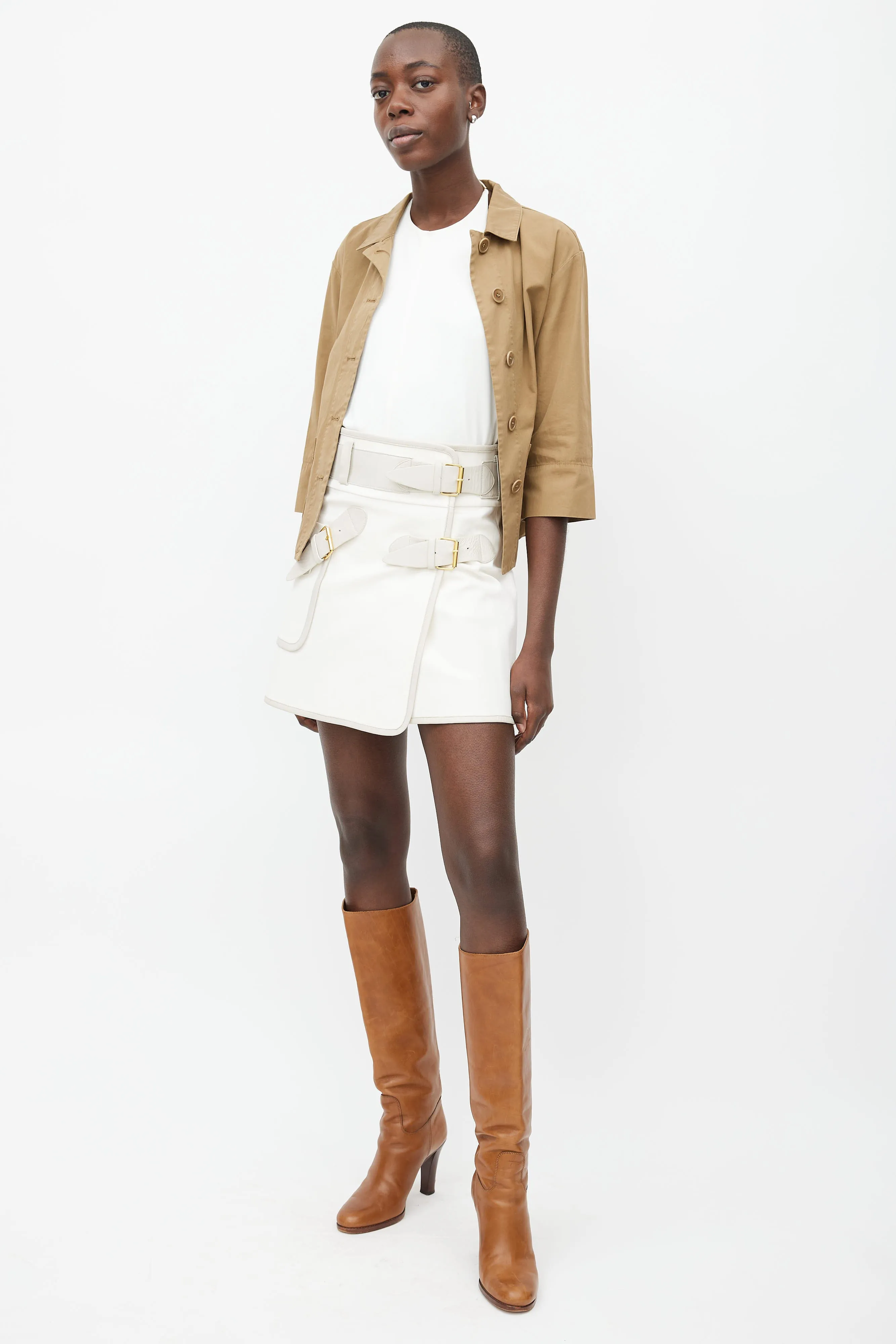 White & Grey Leather Belted Mini Skirt