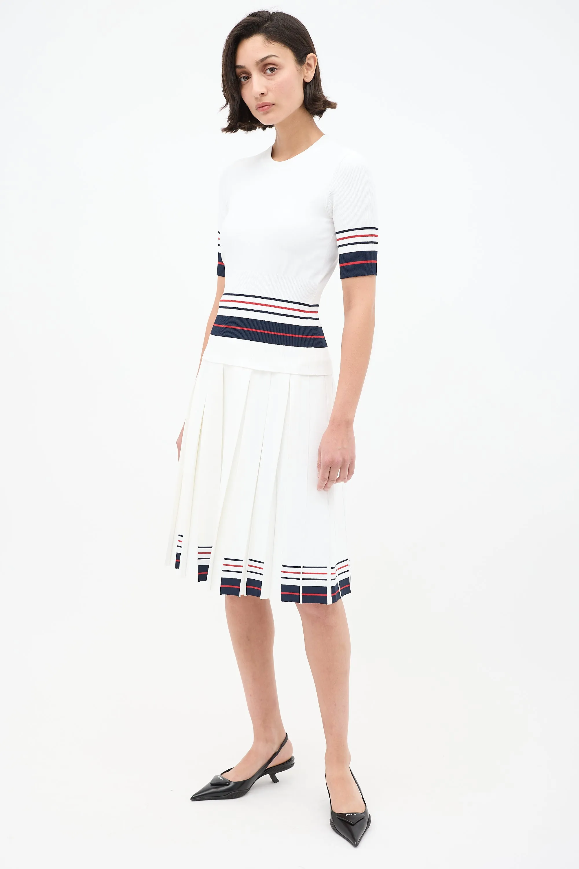 White & Multi Stripes Knit Skirt Set