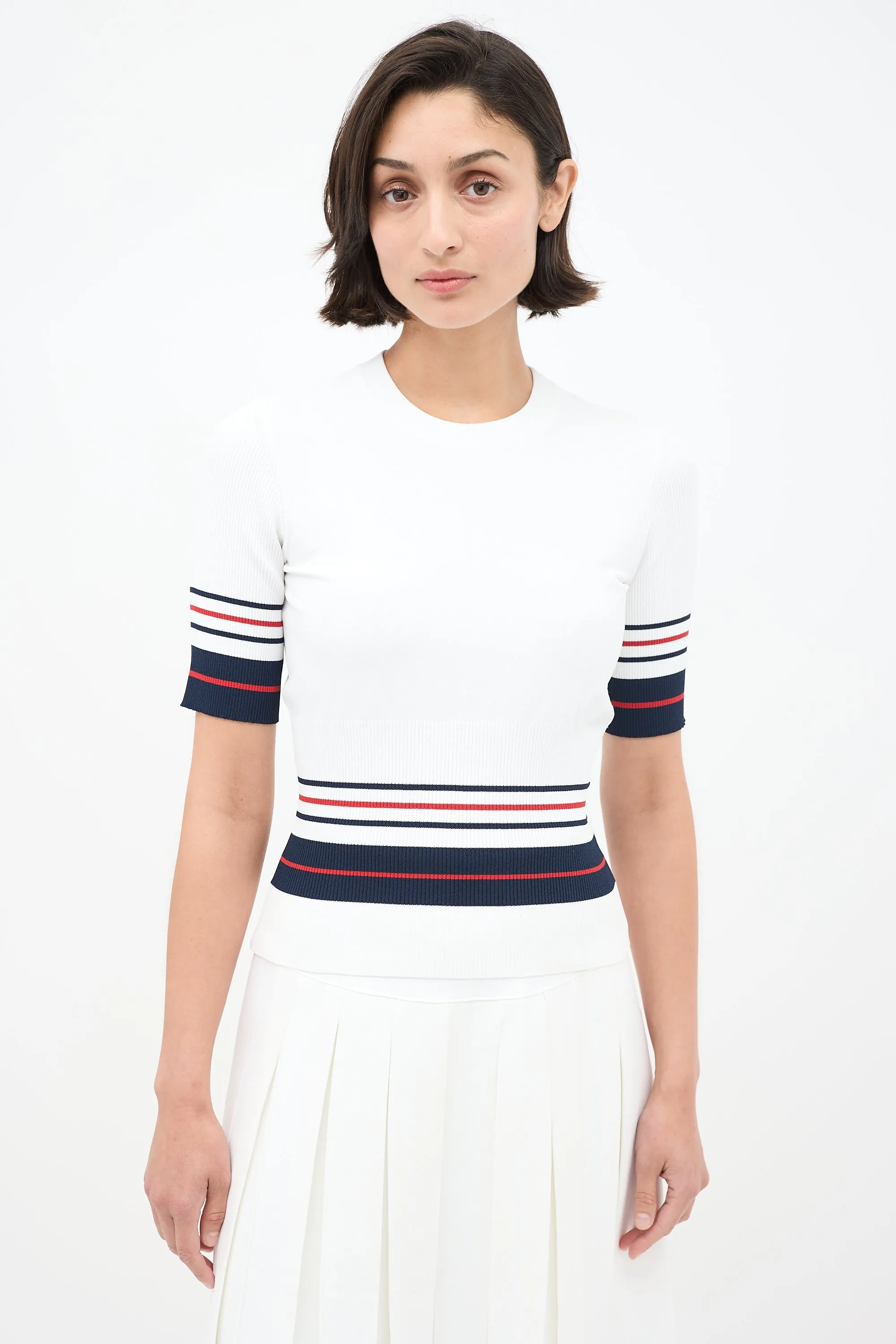 White & Multi Stripes Knit Skirt Set