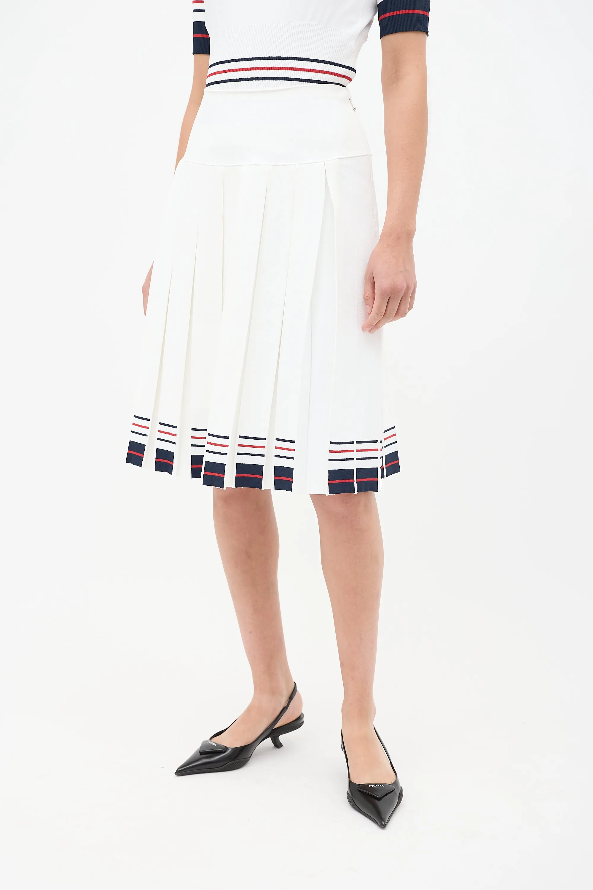 White & Multi Stripes Knit Skirt Set