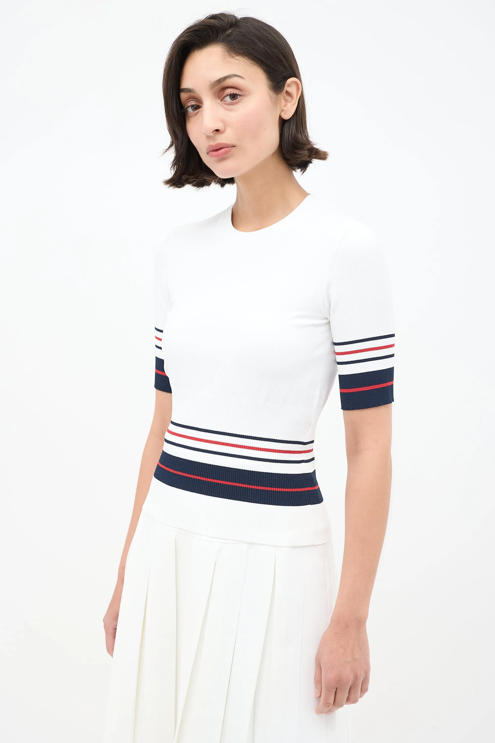 White & Multi Stripes Knit Skirt Set