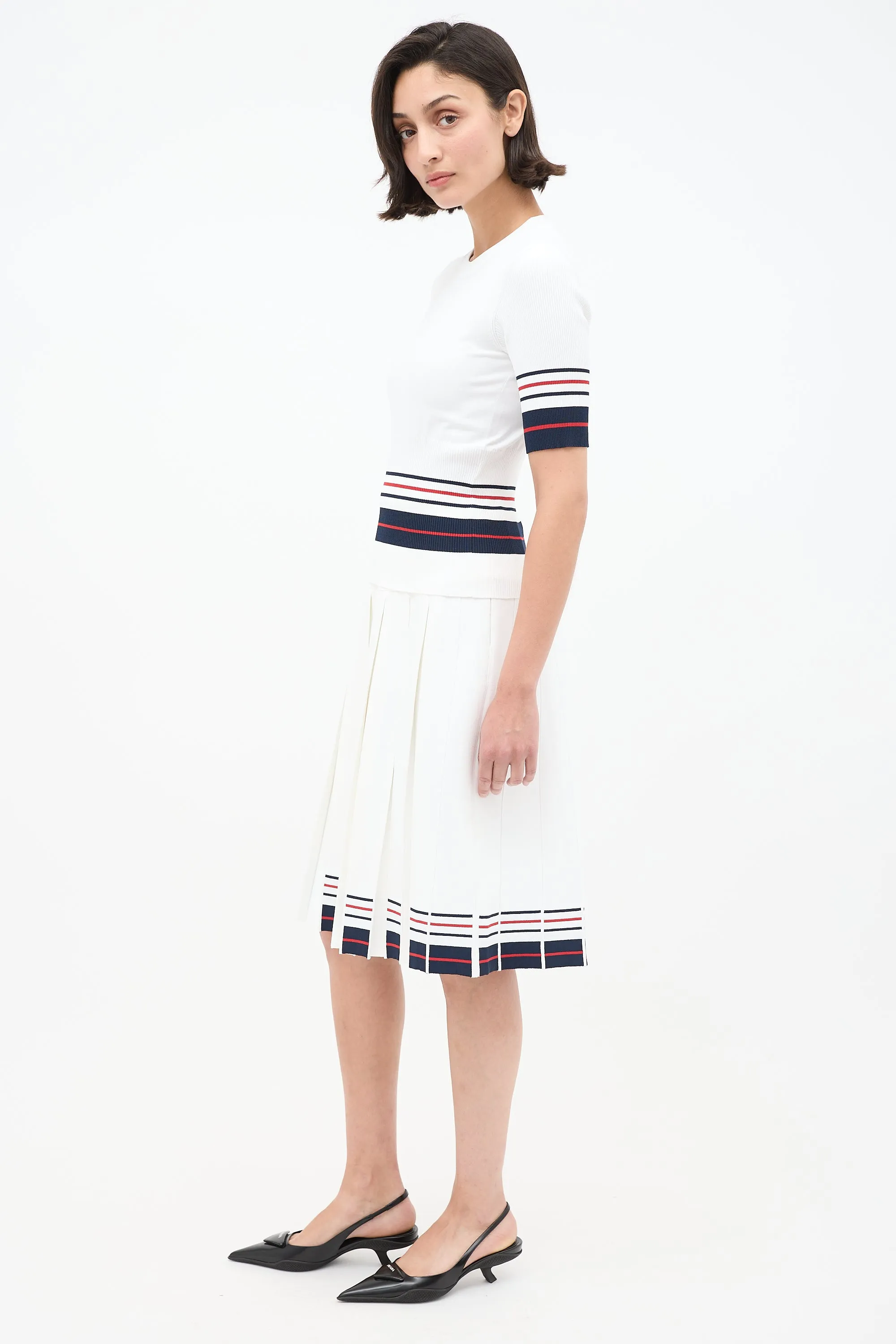 White & Multi Stripes Knit Skirt Set