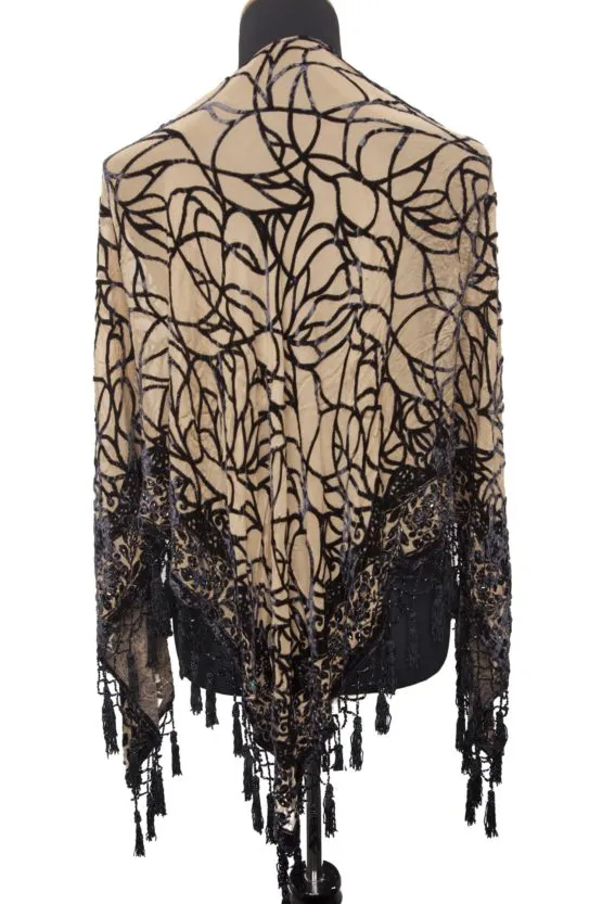 Winchester Burnout Beaded Fringe Beige Open Poncho Shawl
