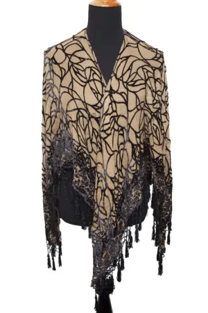 Winchester Burnout Beaded Fringe Beige Open Poncho Shawl