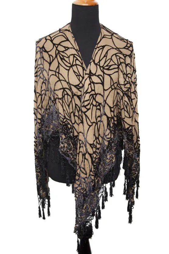 Winchester Burnout Beaded Fringe Beige Open Poncho Shawl
