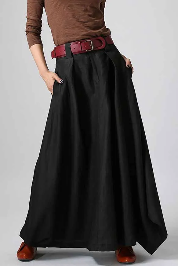 Woman maxi slong linen skirt in Black 0902#