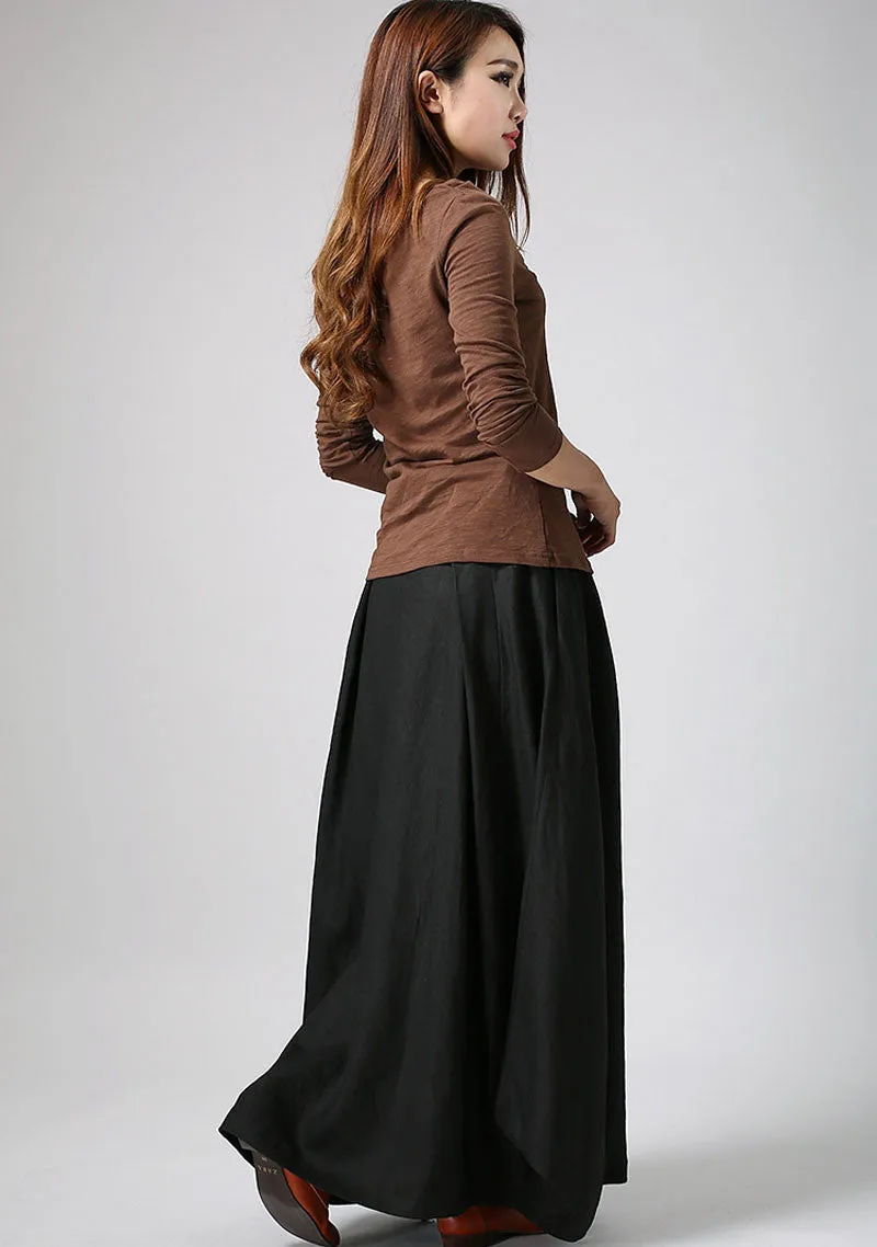 Woman maxi slong linen skirt in Black 0902#