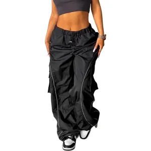 Women Baggy Low Waist Cargo Pants Y2K Parachute Pants For Women Wide Straight Leg Drawstring Trouser With Pocket