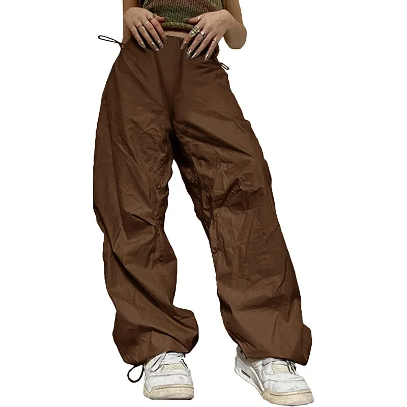 Women Baggy Low Waist Cargo Pants Y2K Parachute Pants For Women Wide Straight Leg Drawstring Trouser With Pocket